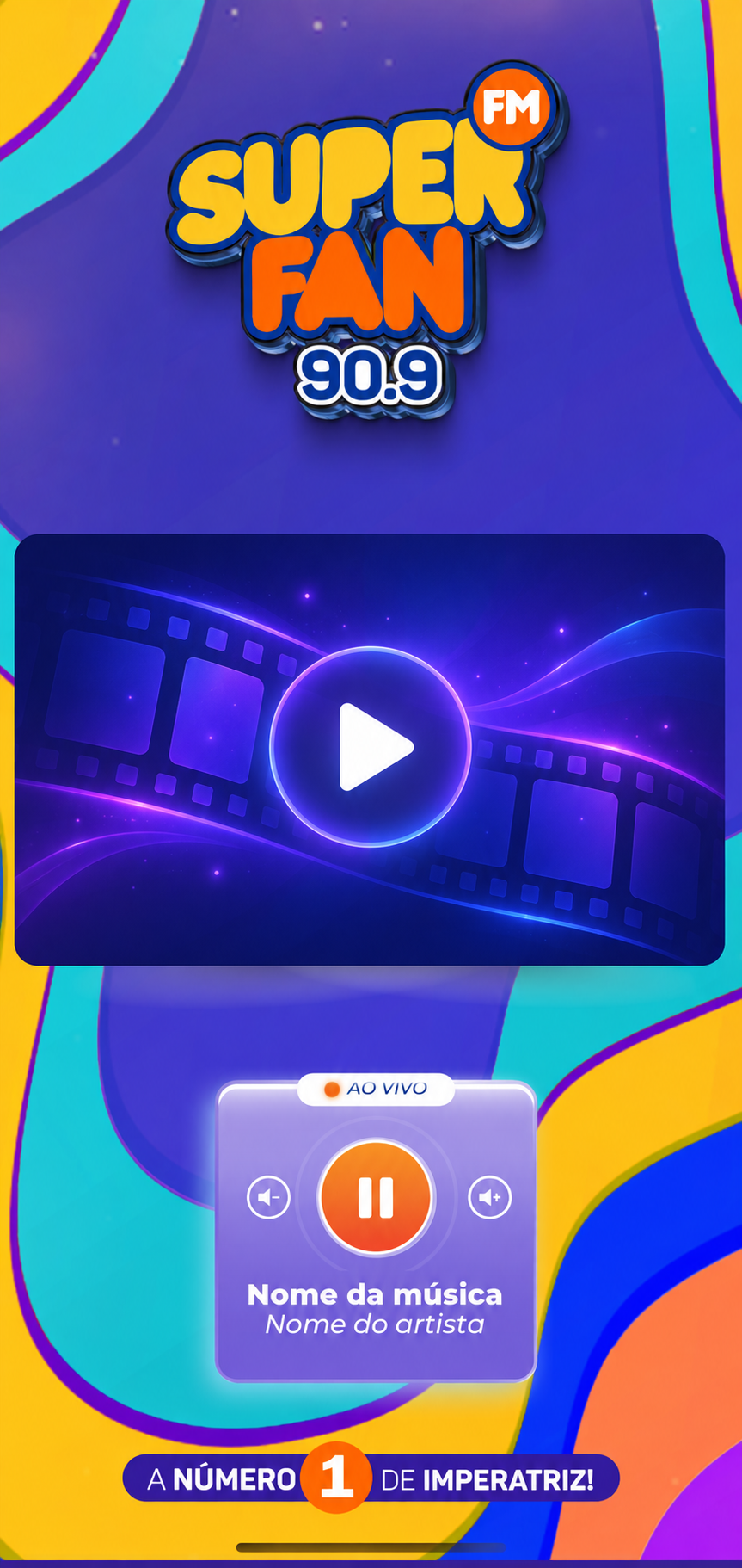 Tela do aplicativo Superfan FM com placeholder de vídeo